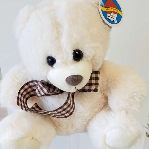 Cream plush teddy bear with a checked brown bow sitting against a light background