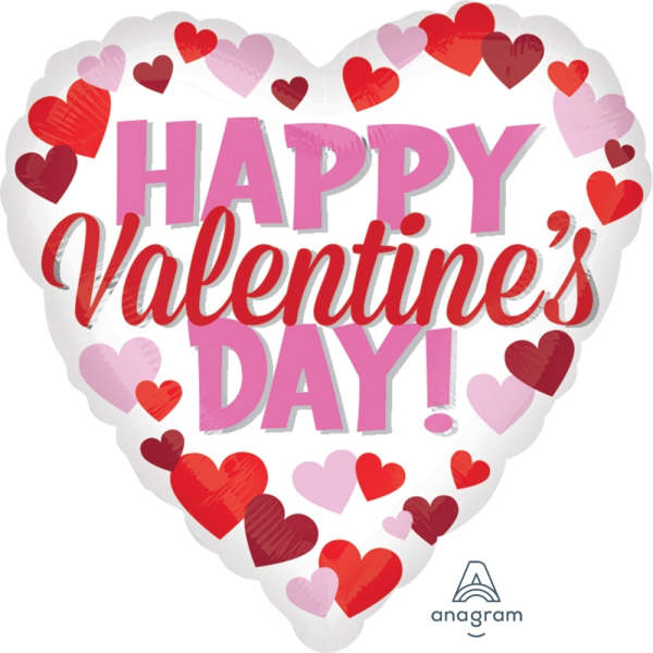 Heart-shaped Valentine's Day balloon with pink and red text and hearts