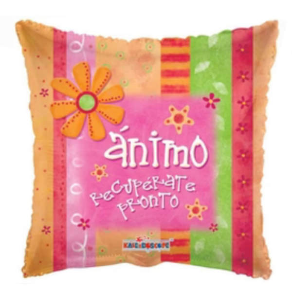 Decorative square pillow with colorful floral patchwork and text