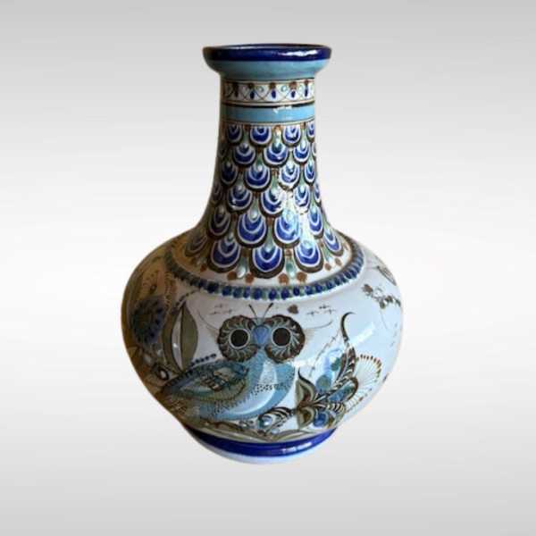 Signed Ken Edwards Pottery Vase with Blue Horned Owl Design, El Palomar, Southwestern Decor