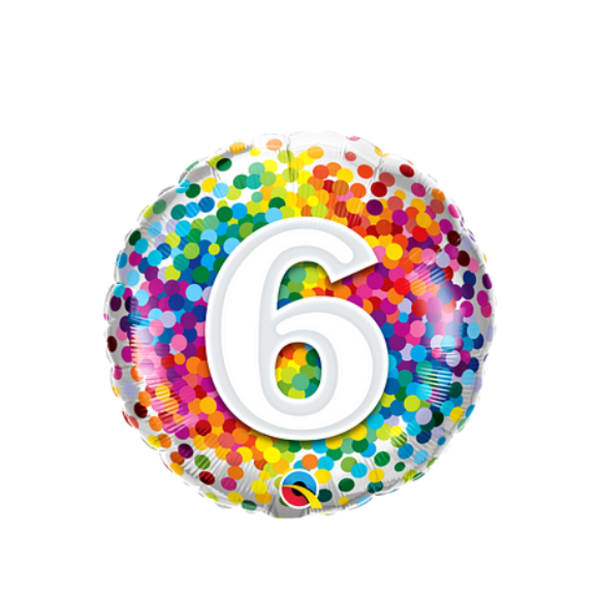 Round multicolor balloon with a large white number 6