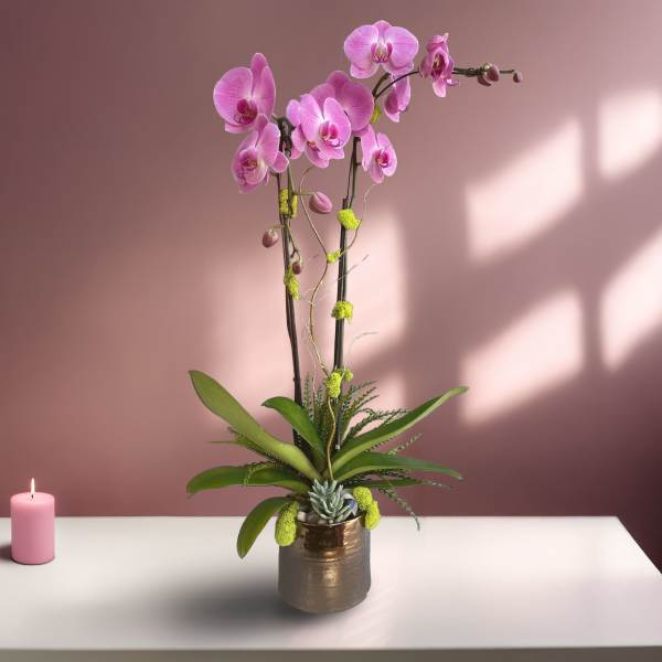 Pink orchid arrangement in a metallic pot with a small candle beside it