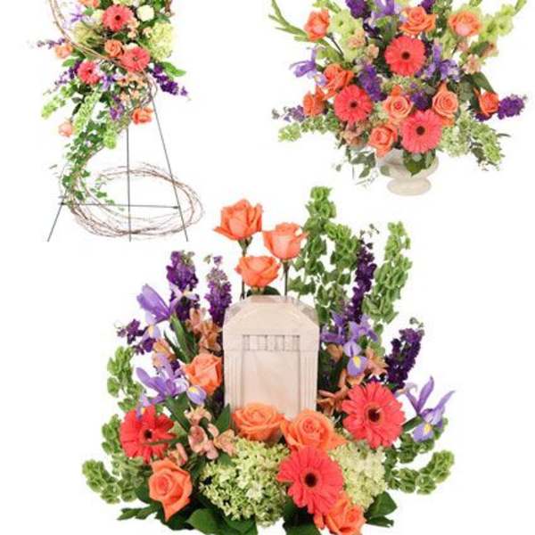 Three floral arrangements with orange roses, pink gerberas, and purple blooms