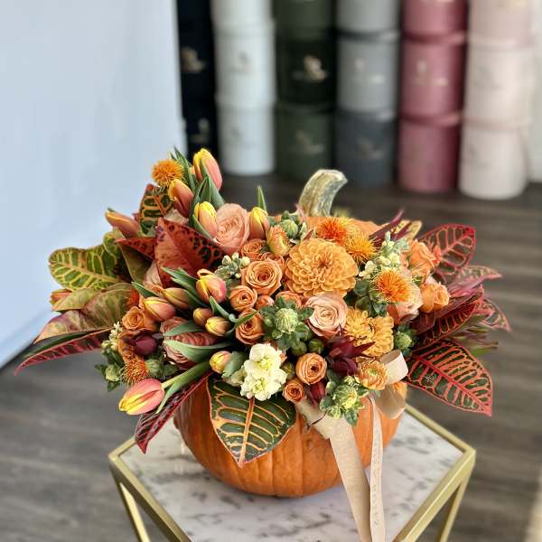 Orange floral arrangement in a pumpkin container with a ribbon
