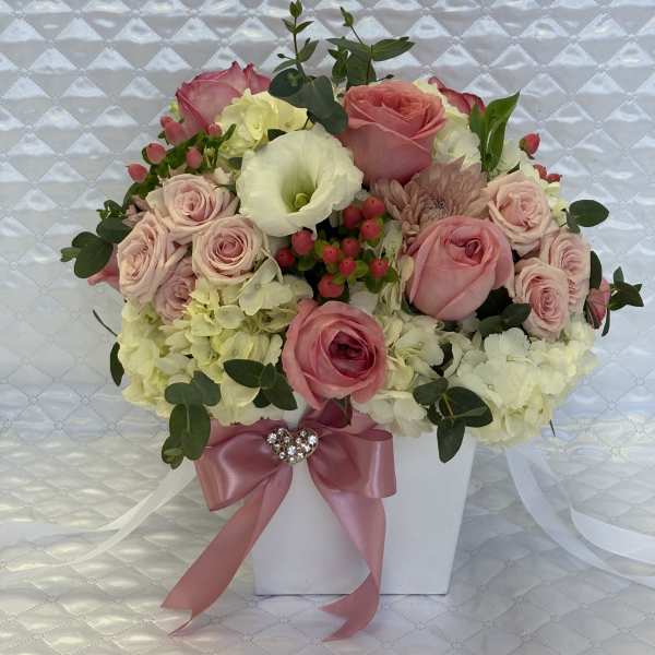 Pink roses and white hydrangeas arranged in a white box with a pink ribbon
