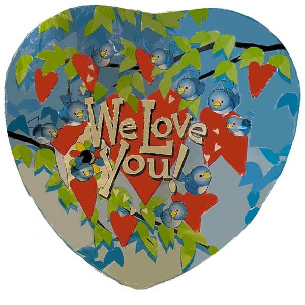 Heart-shaped balloon with "We Love You!" text and colorful bird and heart pattern