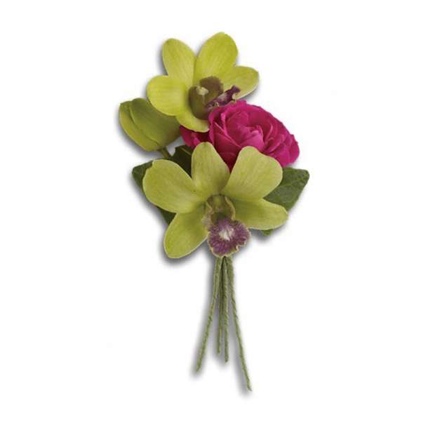 Small orchid and rose boutonniere with green petals and pink bloom