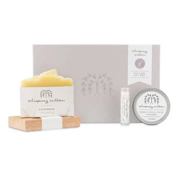 Lavender self-care gift box with soap, balm, and lip product