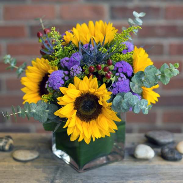 Bouquet of yellow sunflowers and purple flowers in a square glass vase