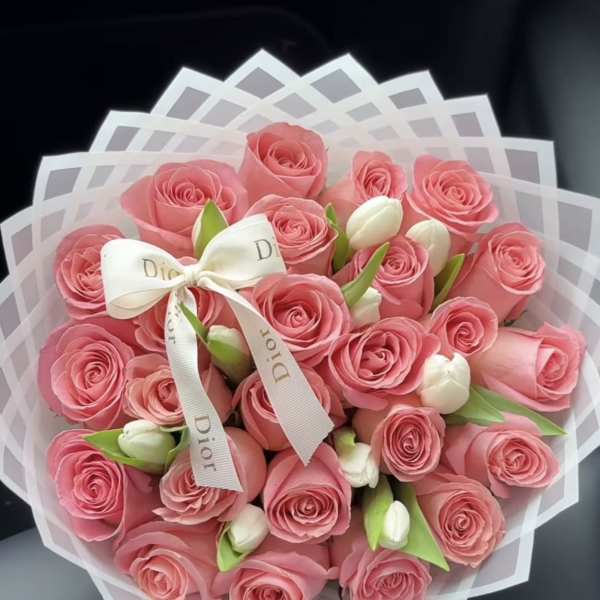 25 Count Pink Rose Buchon White Tulipan