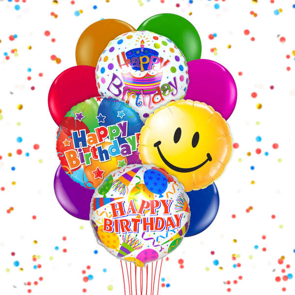 Cluster of colorful birthday balloons with confetti background