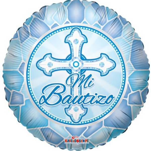 Blue round baptism balloon with a cross and "Mi Bautizo" text