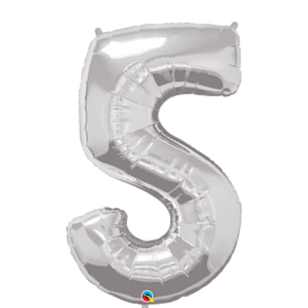Silver foil balloon shaped like the number 5