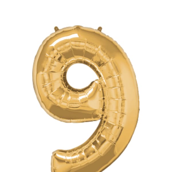Gold foil balloon shaped like the number 9