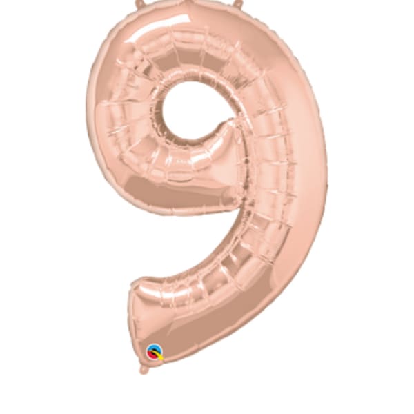 Rose gold number 9 foil balloon on a white background