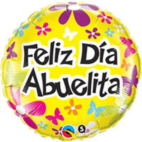 Yellow balloon with "Feliz Dia Abuelita" text and colorful butterfly and flower graphics