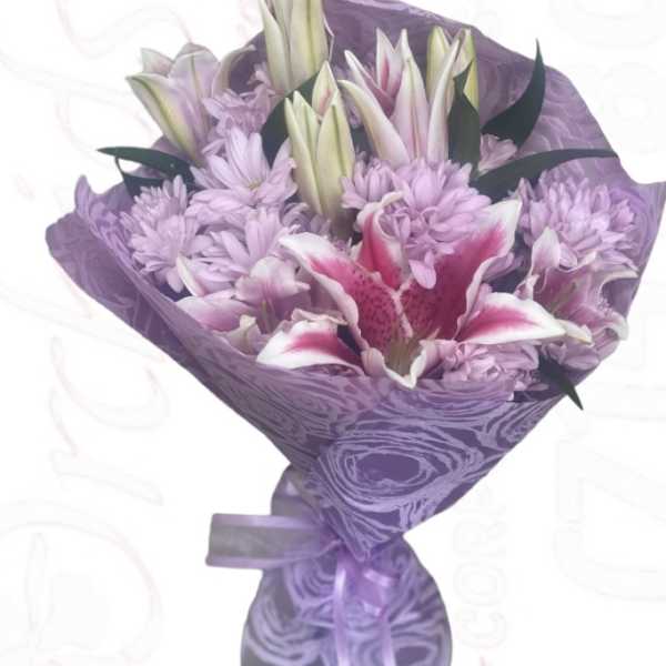 Lavender bouquet with lilies and chrysanthemums wrapped in purple paper