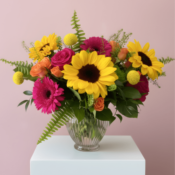 Bright mixed bouquet with sunflowers, gerbera daisies, roses, and a glass vase