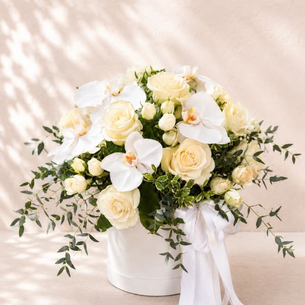 Hera's Eternal Grace - Luxury White Roses & Orchids Box Arrangement