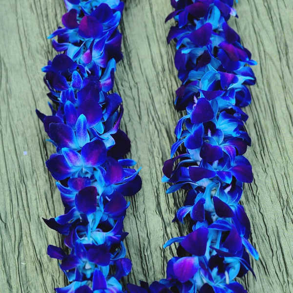 A purple and blue flower lei laid on a wood surface