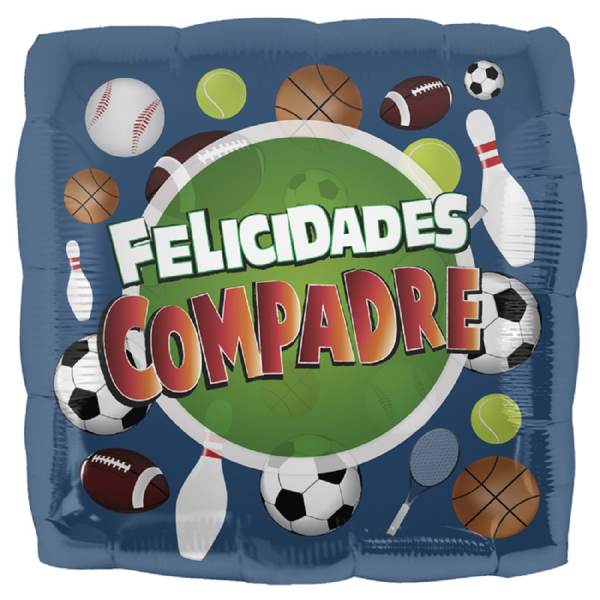 Blue sports-themed balloon with "FELICIDADES COMPADRE" text