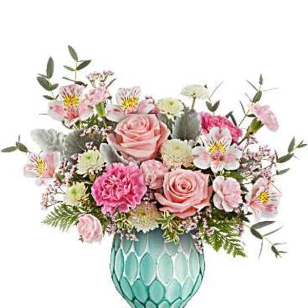 Pink and white mixed flower arrangement in a turquoise vase