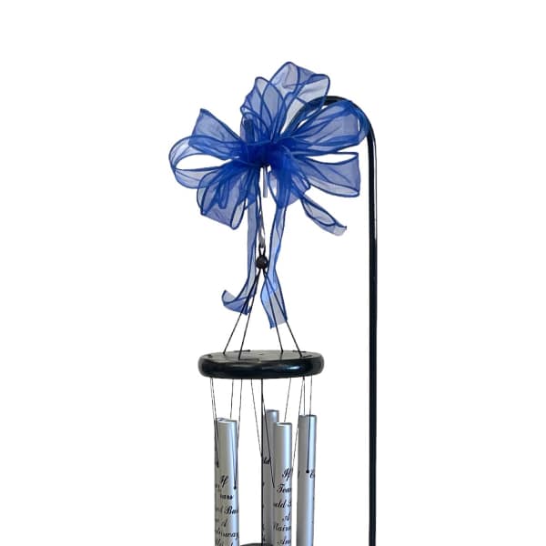 Blue memorial wind chime with a dove pendant and ribbon bow