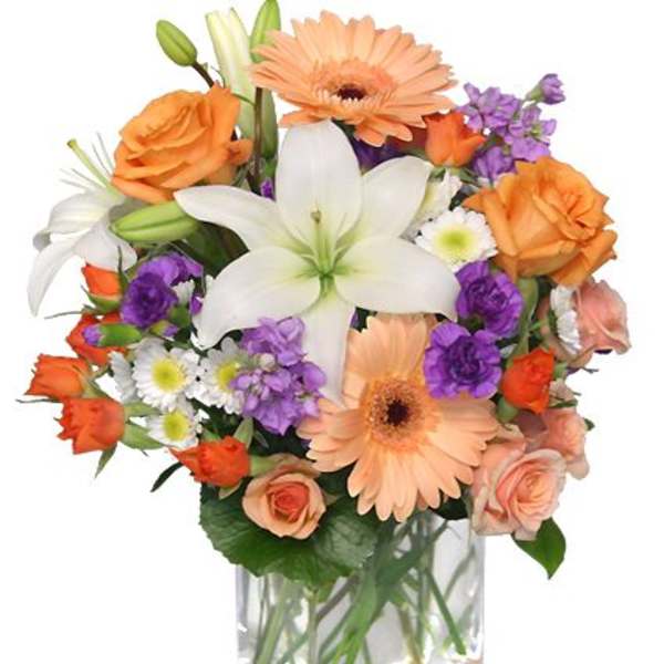 Mixed bouquet of orange, white, and purple flowers in a glass vase
