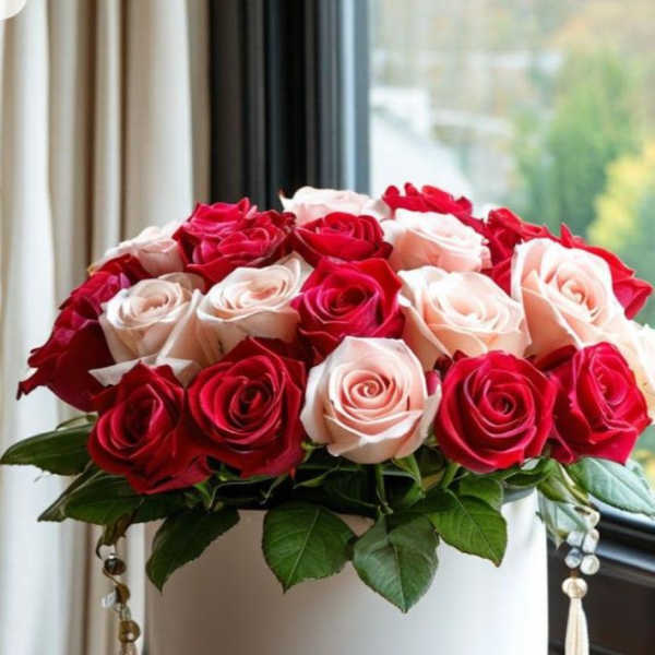 Red and blush roses arranged in a white round box