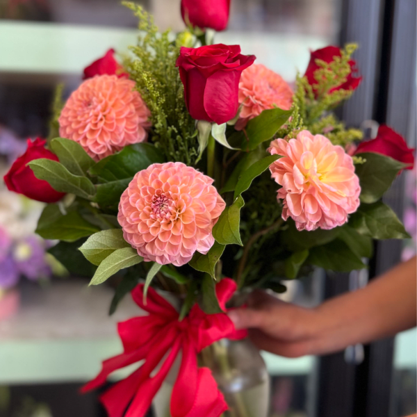 Red Rose And Peach Dahlia Vase Arrangement