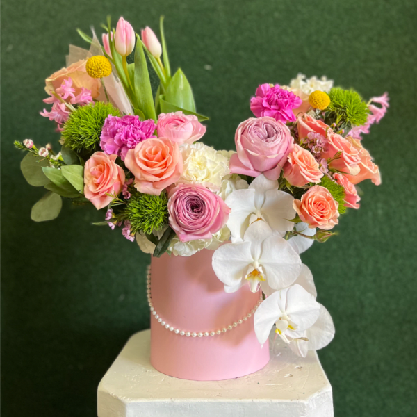 Pink Tulip And Rose Box Arrangement