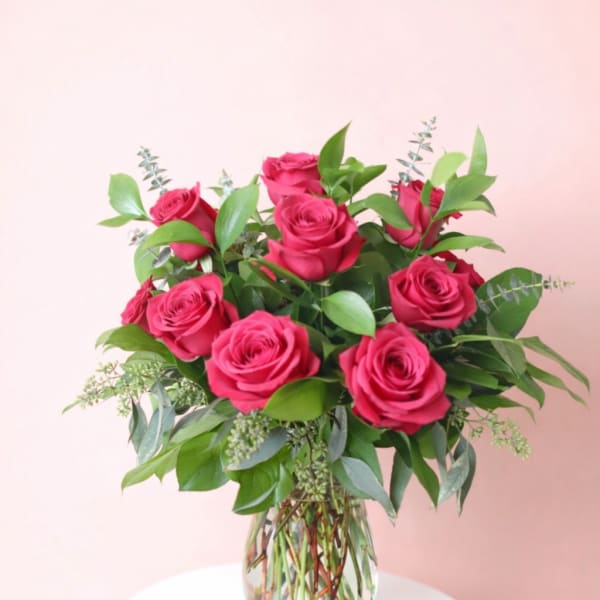 One Dozen Premium Hot Pink Roses With Lush Greenery