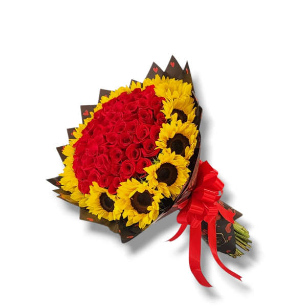 Bouquet of red roses and yellow sunflowers wrapped with a red ribbon