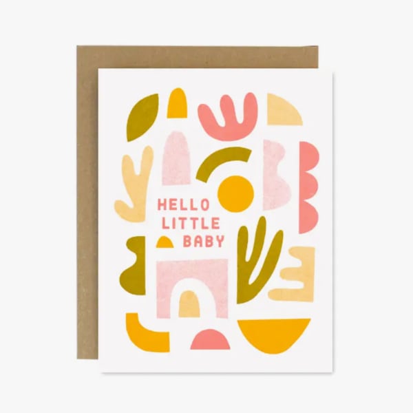 Baby greeting card with colorful abstract shapes and "Hello Little Baby" text