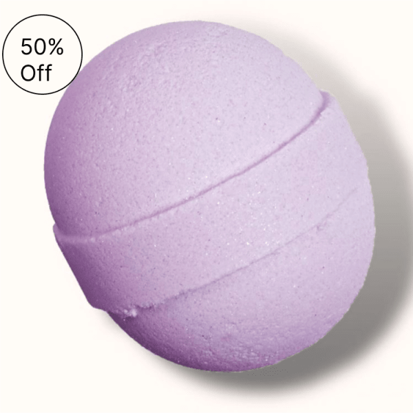 Lavender bath bomb with a "50% Off" badge