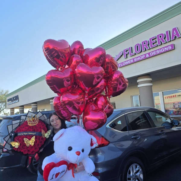 ramo de 100 rosas rojas peluche y globos