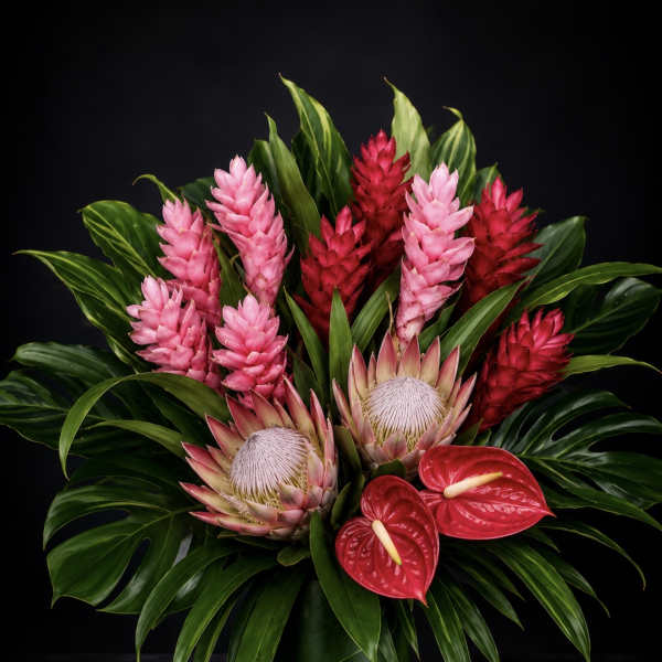 Tropical arrangement with pink and red blooms in a green vase