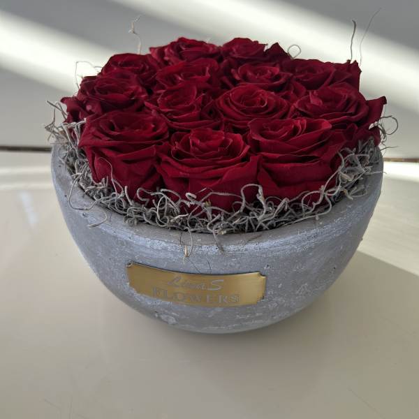 Red roses arranged in a round gray container