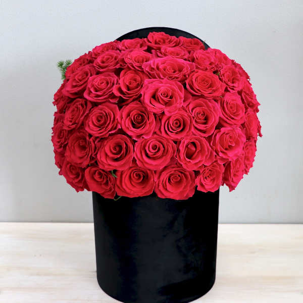 Tight dome of bright pink roses arranged in a tall black cylindrical box.
