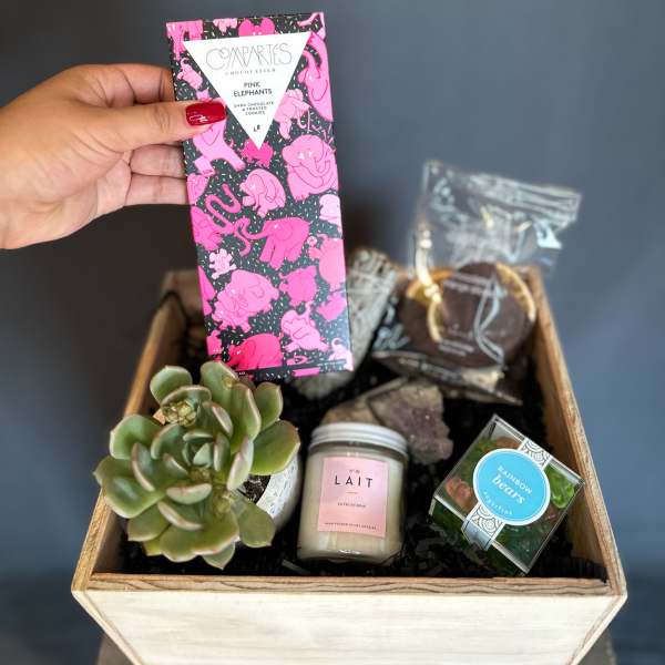 Gift basket with a succulent, chocolates, a candle, and candy