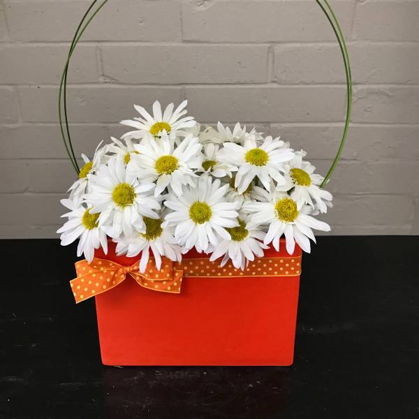 White daisies in a red basket with an orange polka-dot bow