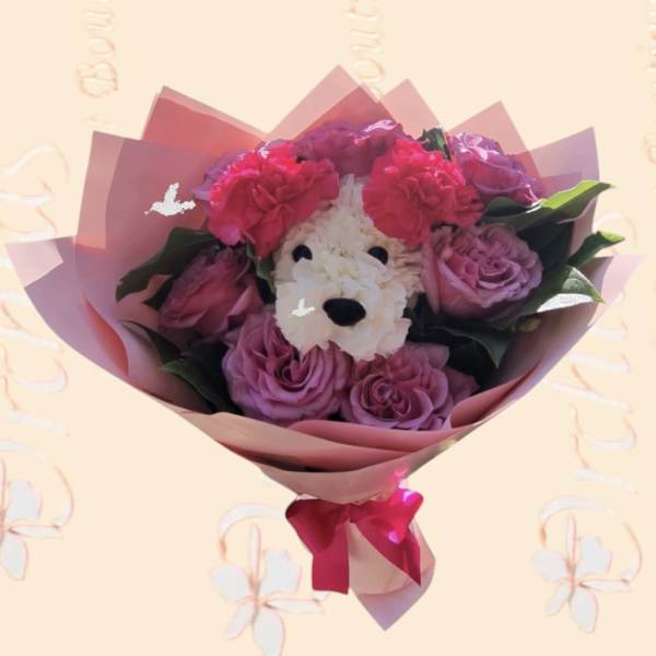 Precious Dog & Pink Rose Hand Wrapped Bouquet
