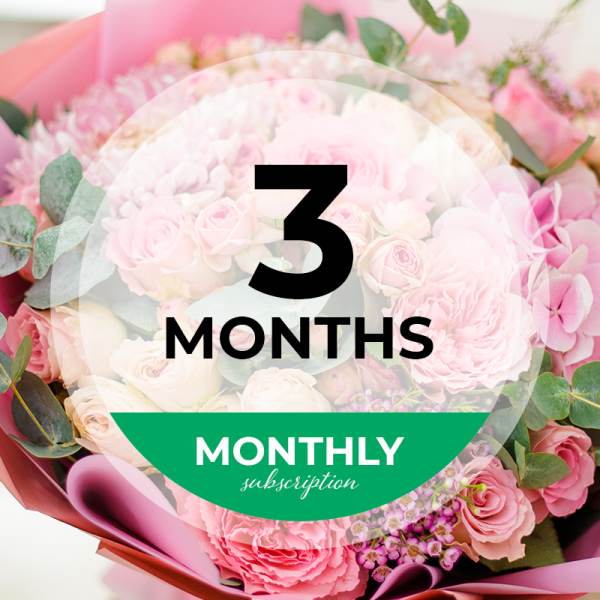 Pink rose bouquet with a "3 months" subscription label