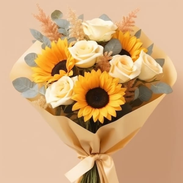 Bouquet of sunflowers and white roses wrapped in beige paper