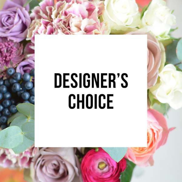 Assorted pastel roses and other blooms surrounding text reading Designer's Choice