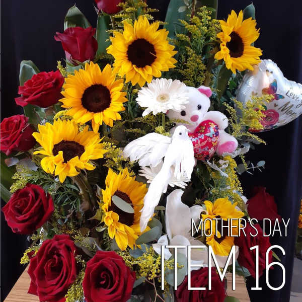 Bouquet of red roses and yellow sunflowers with a teddy bear and heart balloon