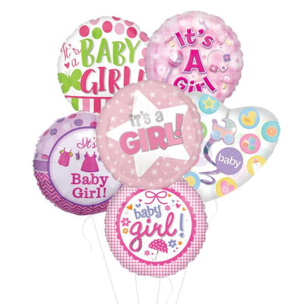 Cluster of pink baby girl balloons with celebratory text