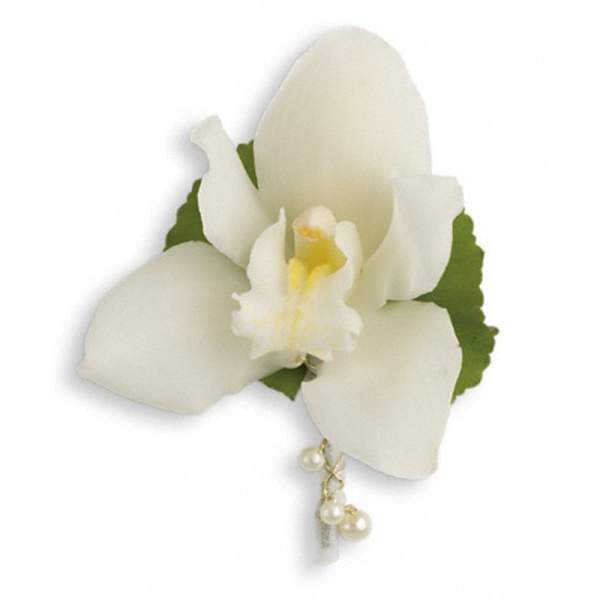 White orchid corsage with pearl accents