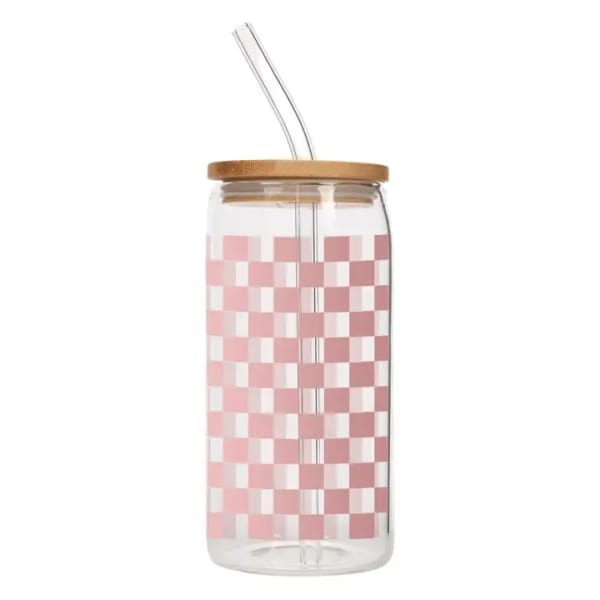 Clear glass tumbler with pink checker pattern, bamboo lid, and straw