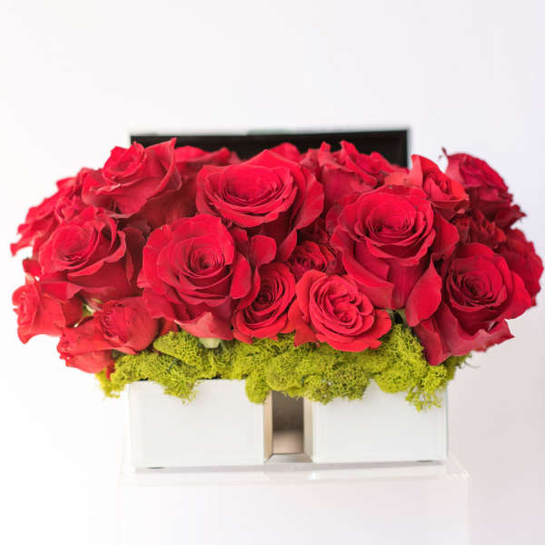 Red roses arranged in a white box with green moss